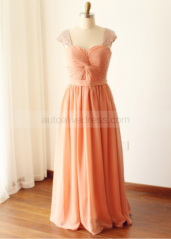 Beaded Cap Sleeves Twisted Knot Front Chiffon Bridesmaid Dress